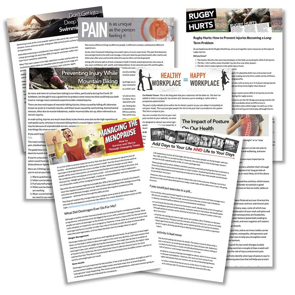 Example blog posts and factsheets from clinic growth pro