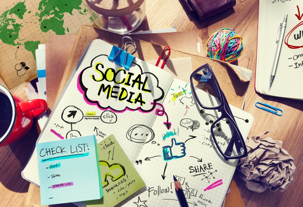 Social media concept - desk with social media planning notes on